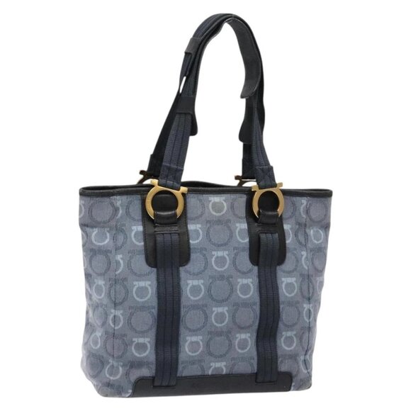 Salvatore Ferragamo Handbags - Salvatore Ferragamo Gancini Tote Bag Canvas Blue Gold Auth 139532